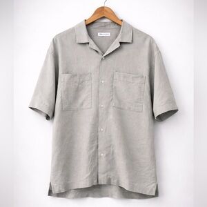 ZARA 100% Linen Button Down Shirt Men’s XL Beige Short Sleeve Camp Collar